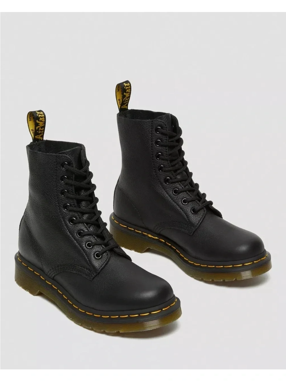 Dr. Martens Black Leather 8-Eye Boots with Yellow Stitching